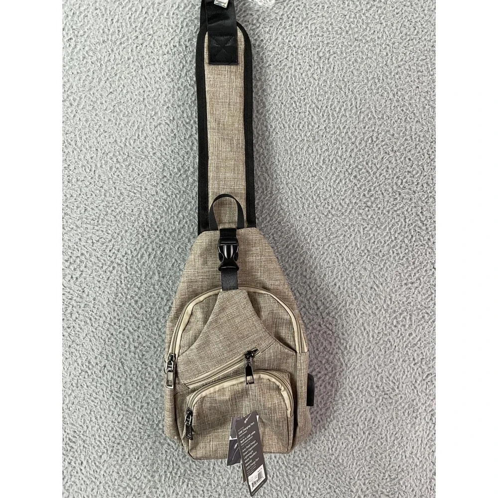 Nupouch Anti-Theft Sling Womens Small Tan Daypack Polyester Zip USB Port Light